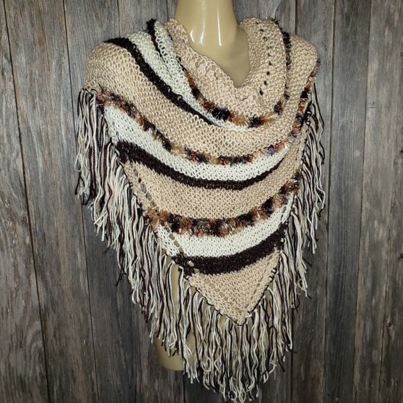 Beige Brown Hand Knitted Shawl Scarf Wrap Boho New - Picture 3 of 9